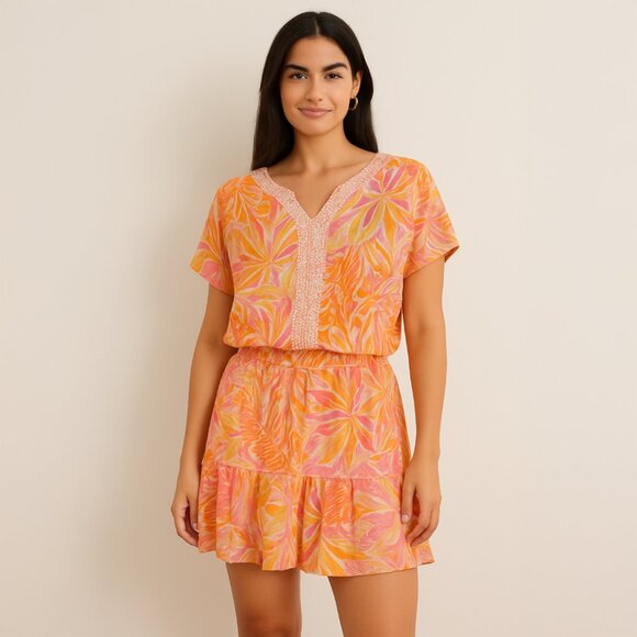 A453 • Tropical Leaf Print Blouse & Ruffle Skirt Set – Pink Orange - Picture 1 of 4